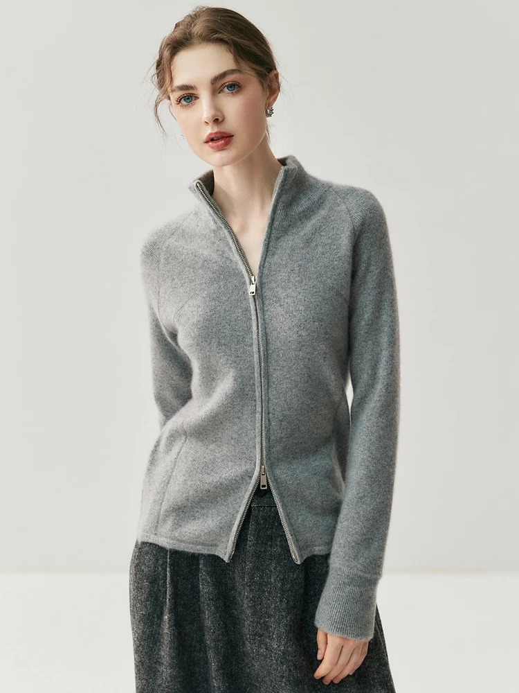 

Women's 100% Goat Cashmere Cardigan Sweater Soild Standing Collar Zipper Fit Slim Elegant Versatile Autumn Winter Knit Jacket