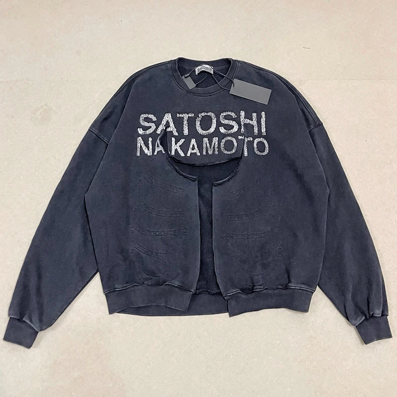 High Street Washed Crewneck Satoshi Nakamoto Sweatshirts Chest Cutout Raw Edge Worn Letter Print Loose Casual Pullover Man Woman