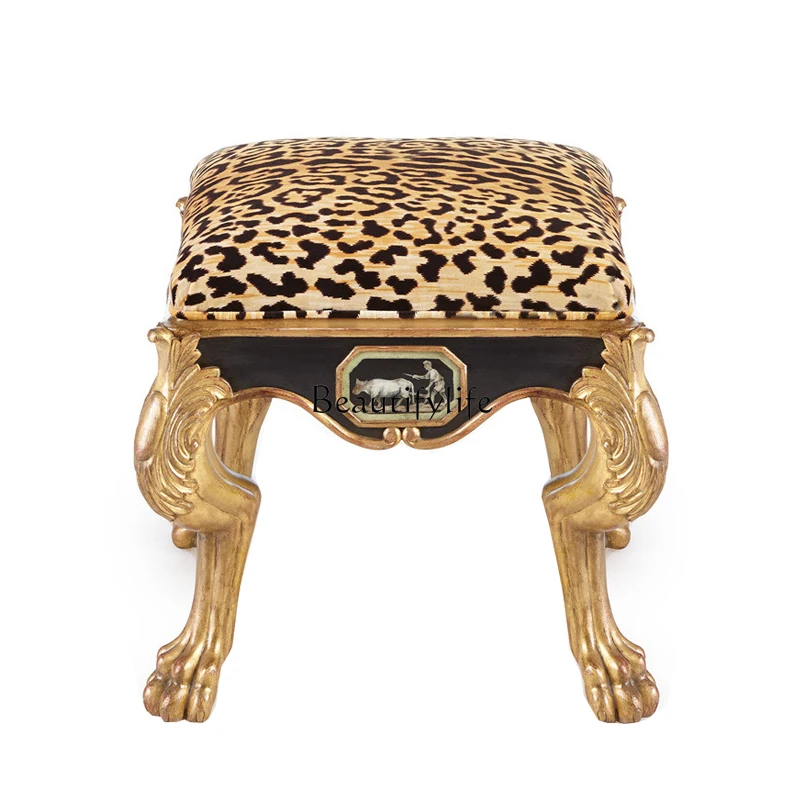 

American European shoe changing stool full solid wood carving flower gold sofa bedside fabric stool