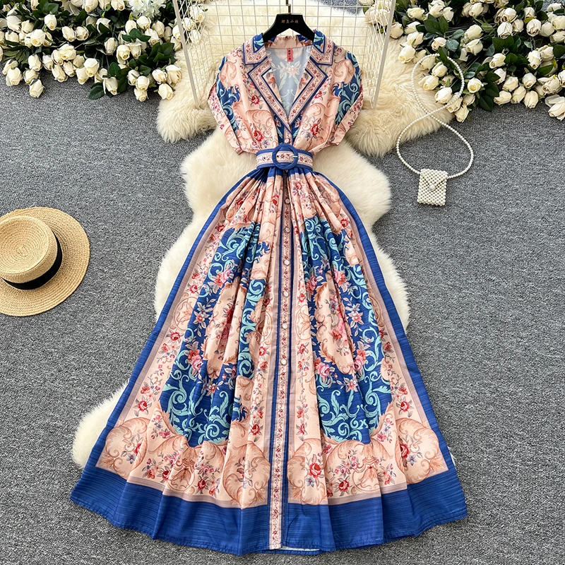 

Summer French Retro Elegant Dress for Women 2025 New Waist Cinching Temperament Short Sleeved Suit Collar Printed Long Dress S06