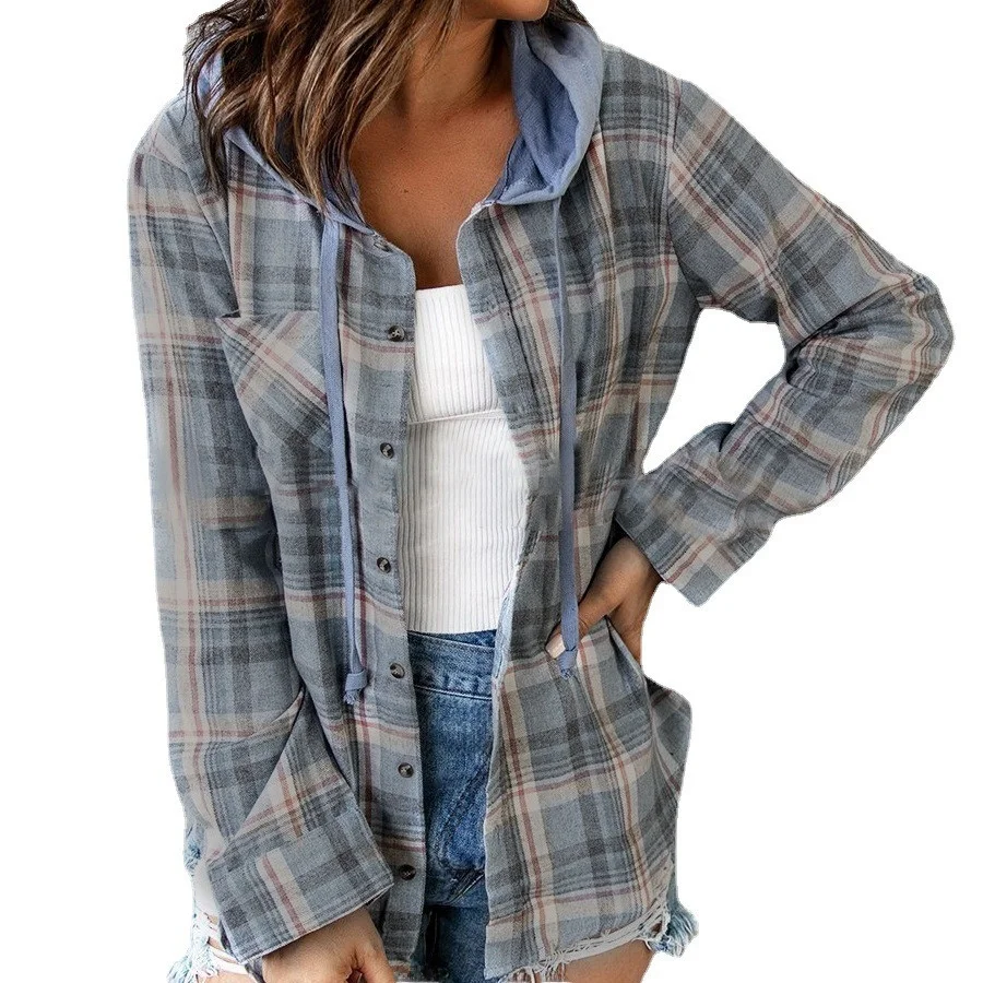 秋冬レディースカジュアルチェック柄シャツコート大きいサイズボタン付きフード付きアウターウェアクロスボーダー長袖野球ユニフォーム