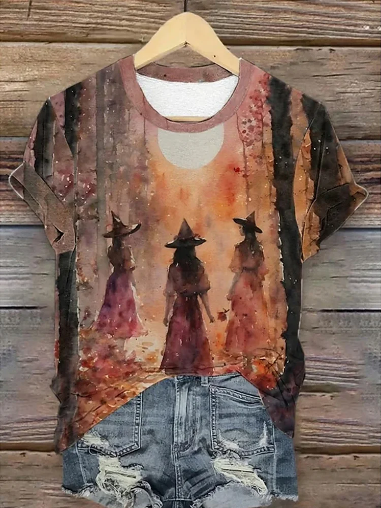Halloween Witch Print Short-Sleeve T-Shirt Summer Loose-Fit Crew Neck Women's T-Shirt Top 2025 New Halloween Costume