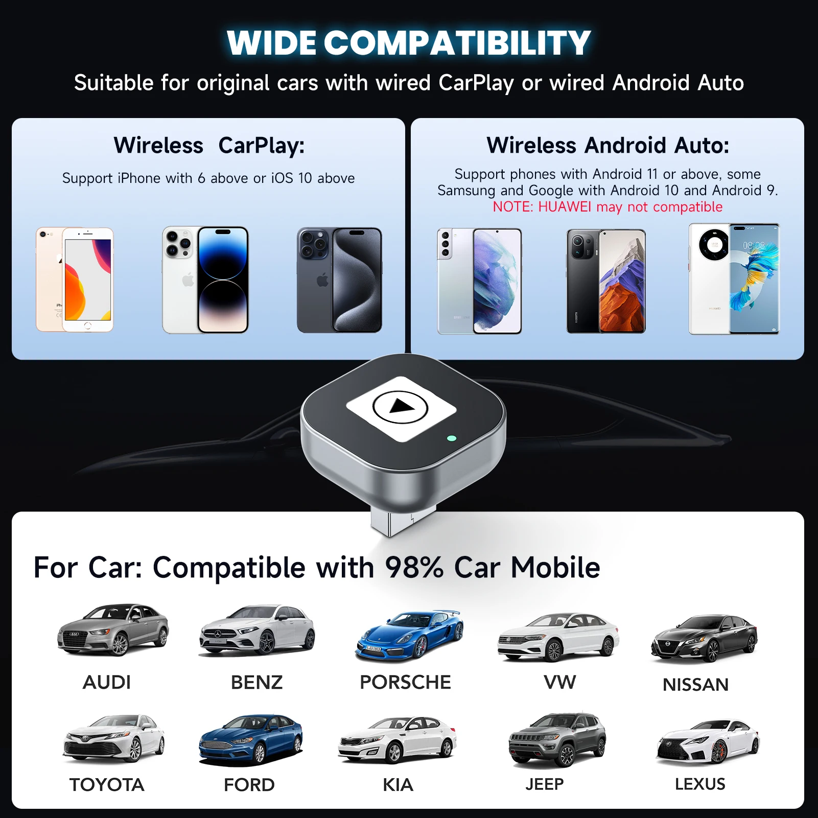 Adapter 2 w 1 przewodowy na bezprzewodowy CarPlay Plug & Plug Auto Connect Konwertuje do przewodowych samochodów Kompatybilny z CarPlay i telefonem z systemem Android AUTO — zdjęcie 5