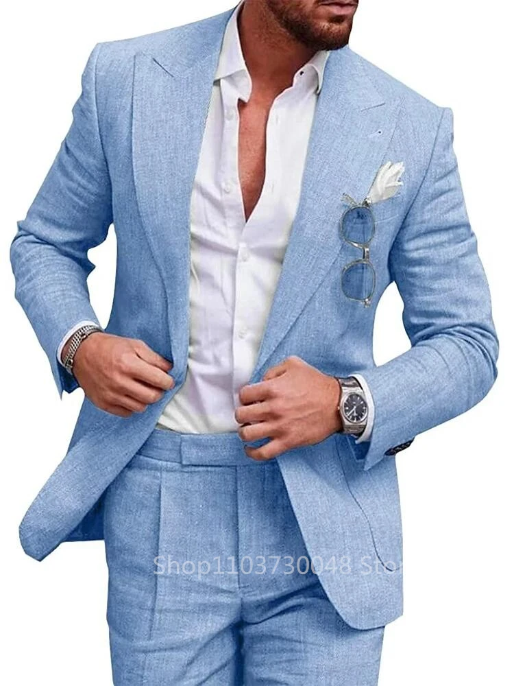 Trajes de 2 piezas de lino azul claro/Beige para hombre, chaqueta ajustada informal con una hilera de botones, pantalones, traje de playa de verano de alta calidad para hombre