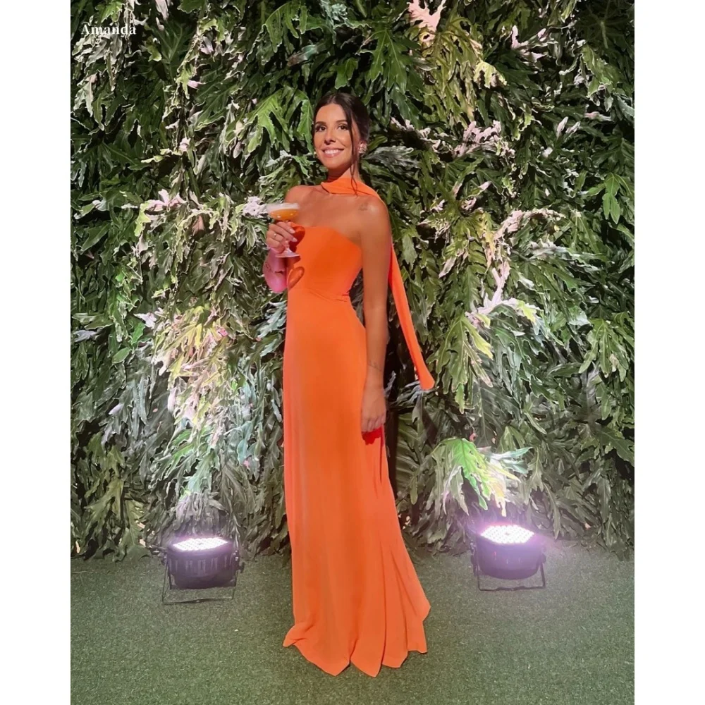 

Amanda Customized Orange Long Silk Scarves Strapless Prom Dresses Chiffon A-line vestidos de noche Floor-Length Formal Evening