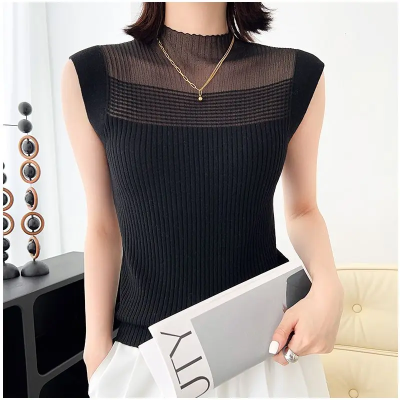 Ice Silk New Halter T-shirt Women Lace Vest Summer Sleeveless Bottom Shirt Half Turtleneck Top Hollow Knit Tank Top