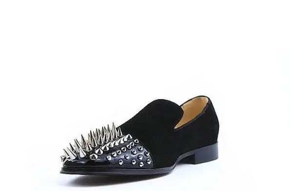 Drop Verzending Zwart Lederen Suede Sliver Spike Klinknagel Platte Schoenen Mannen Ronde Neus Lage Top Slip Op Patchwork Loafers flats