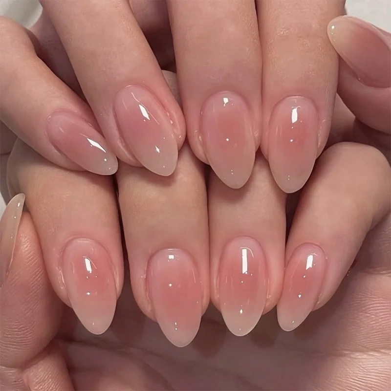 24pcs Simple Almond Press on Nails Tips Blush Design False Nails Art Datachable Short Oval Stick on Fake Nail for Woman Manicure