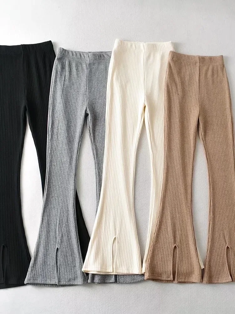 2024 Autumn/winter New High Waisted Casual Versatile Pants Women's High Elastic Solid Slim Knitted Micro Flared Pants RZFH