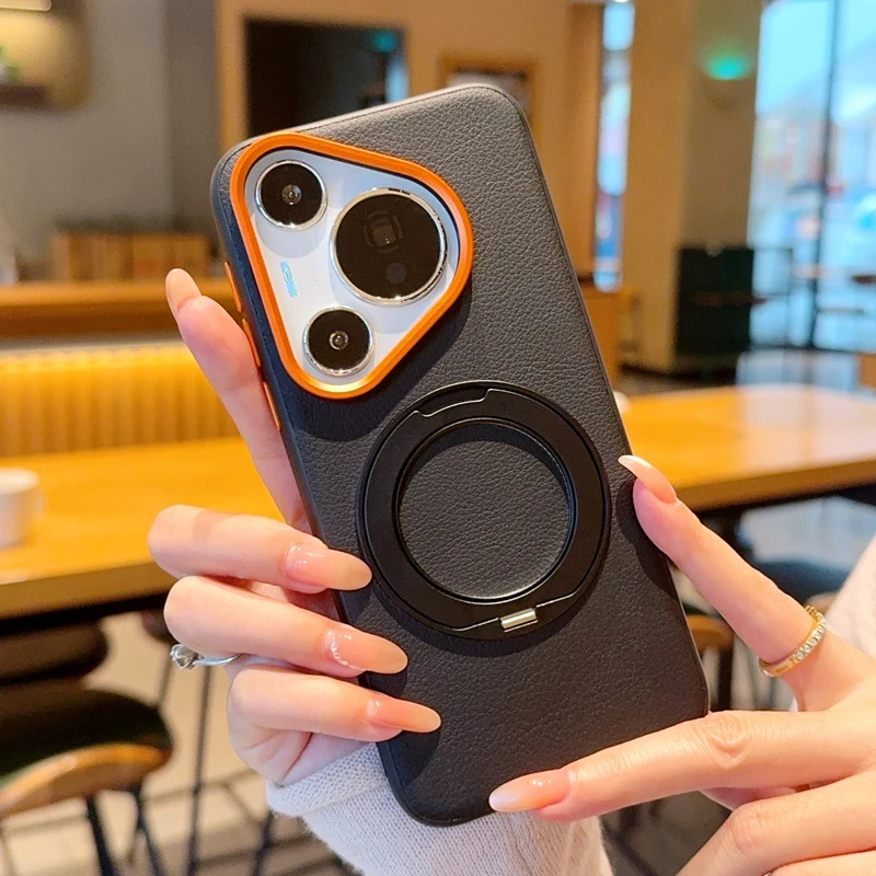 

Magnetic Premium lychee Pattern Leather for Huawei Pura 70 Pro+ Metal Finger Ring Stand Cover Back Coques Huawei Pura 70 80 Pro