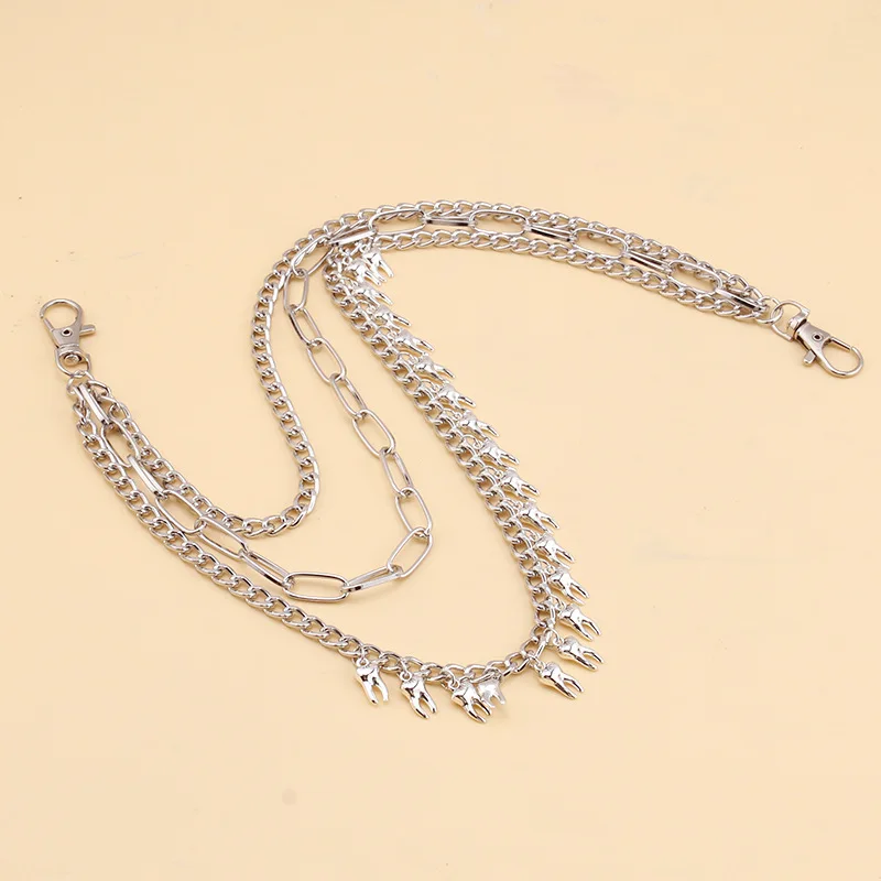 European American Punk Retro Multi layered Tooth Pendant Metal Waist Chain Personalized Trendy Chain for Jeans