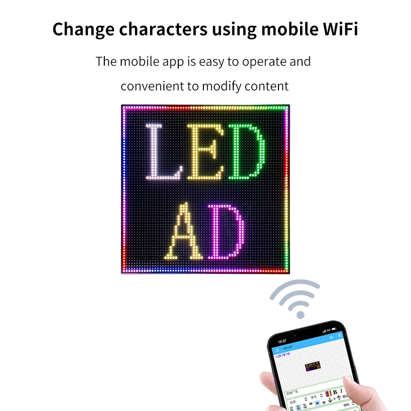 P3 7‑Color LED Advertising Display, LED Screen for Street Stall, Night Market, Counter,  Controlled by Phone