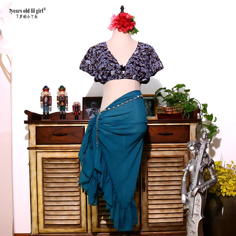 여성용 벨리댄스 의상 집시 쉬폰 버블 숏 랜턴 슬리브 탑 HEE14