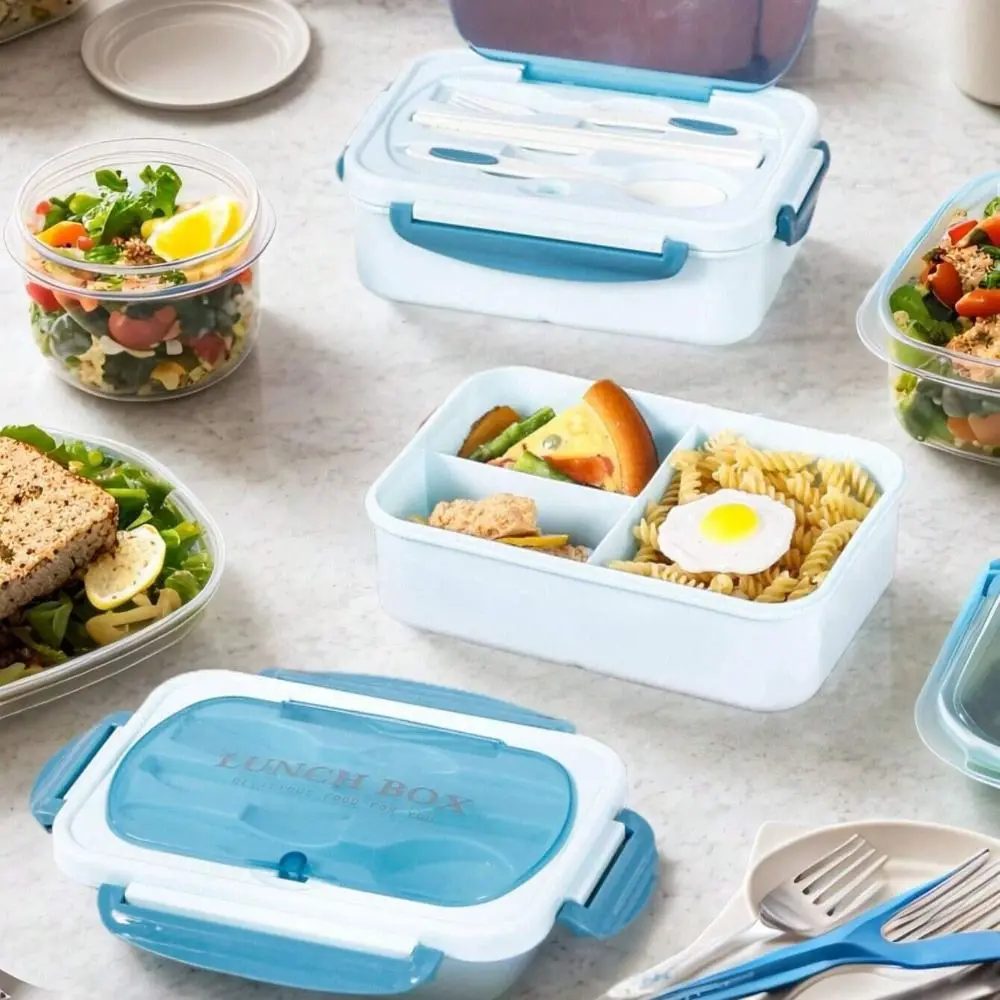 

With Cutlery Student Lunch Box 3 Compartment Microwaveable Food Storage Container Leakproof Rectangular Picnic Box Office