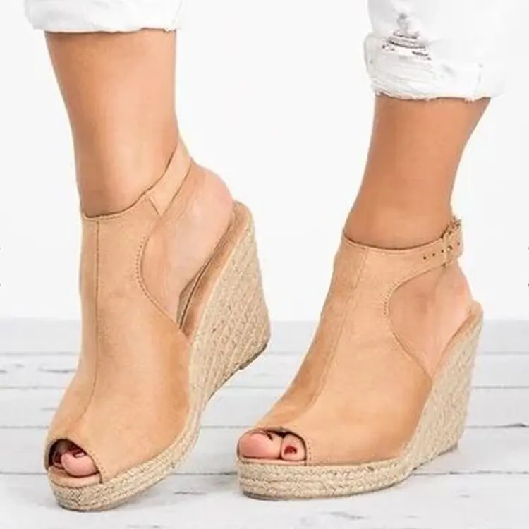 Sandali con tacco alto da donna zoccoli estivi scarpe da donna pendenza inferiore con bocca di pesce sandali con fondo in canapa con una fibbia