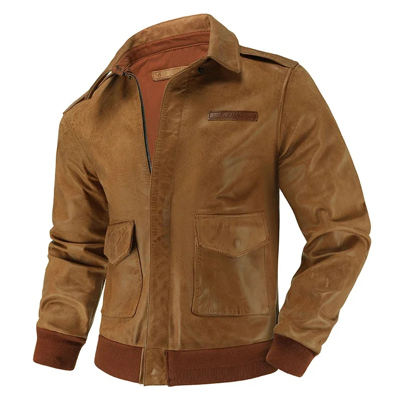 

Oil Scarce Wax Leather Classic A2 Air Force Flight Suit Jacket Men's Retro Slim Fit Lapel Short Coat