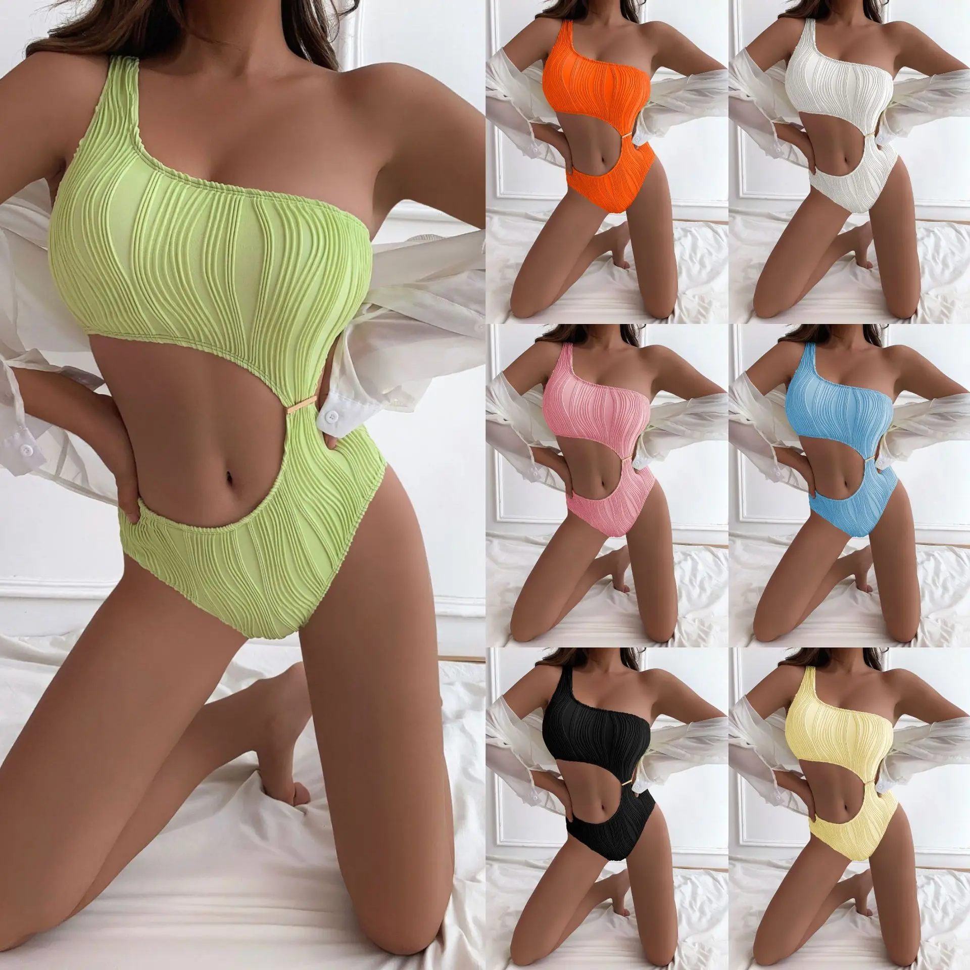

2023 New Textured Fabric Sexy Hollow One Piece Swimsuit Bikini Swimsuit Ins