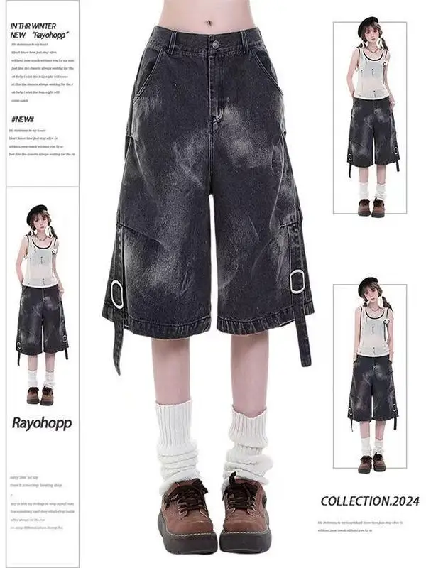 

American Retro Denim orts Loose Wide Leg mid Waist Design Sense Faded Six Parts Pants for Men And Women Summer Casual Jeans