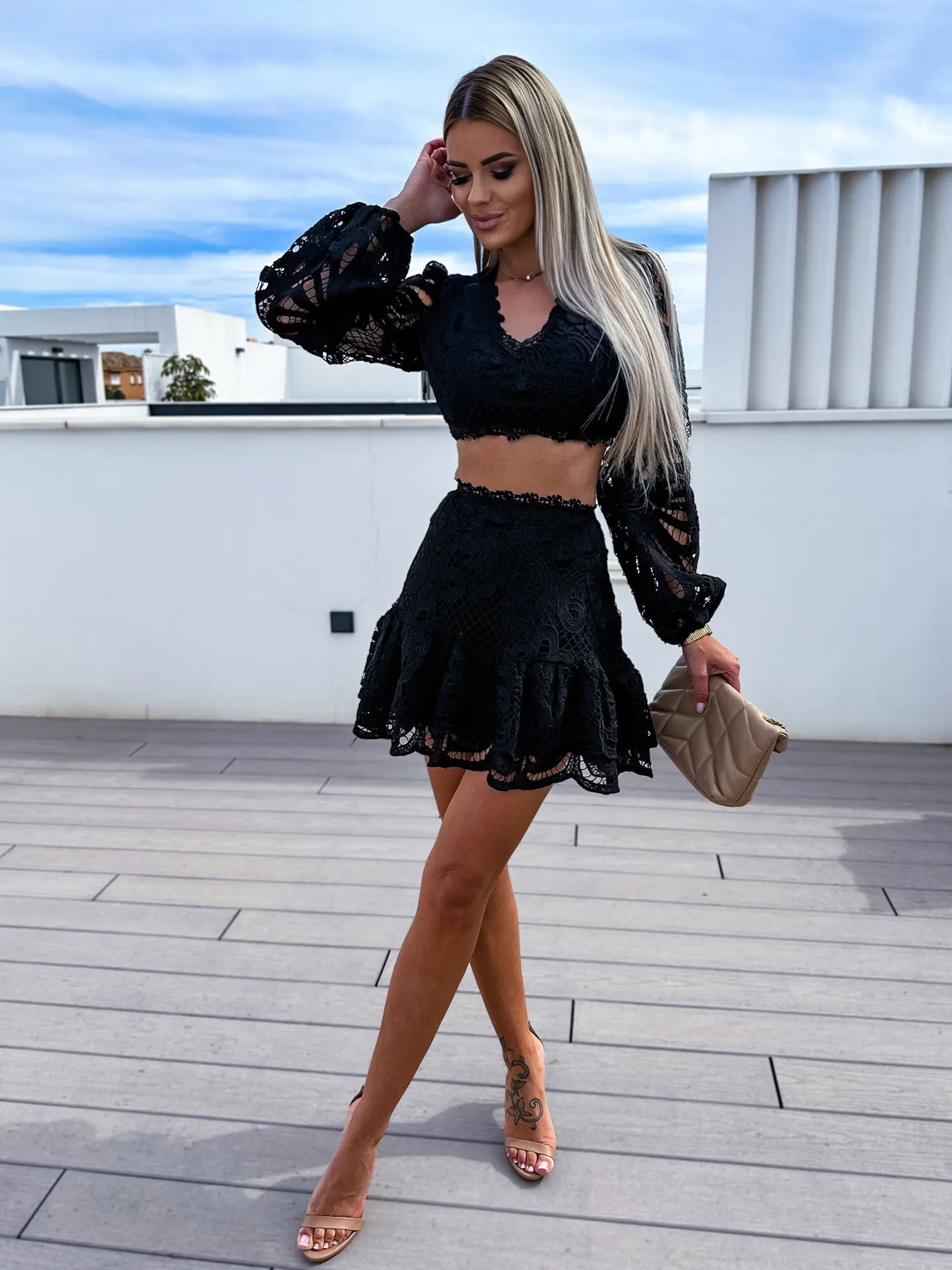 EINYOO damska koronka z dekoltem w szpic Crop Top z wycięciem Sexy Temperament formalna moda haft spódnica na co dzień sukienka zestaw Traf Zevity