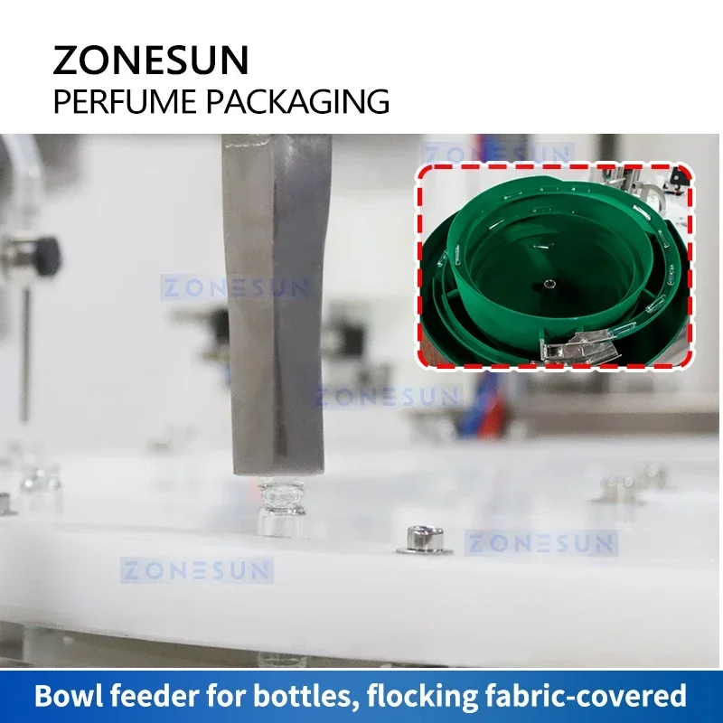 ZONESUN ZS-AFC7C Perfume Bottle Filling Machine Scent Fragrance Packaging Monoblock Bowl Feeder Peristaltic Pump Servo Control