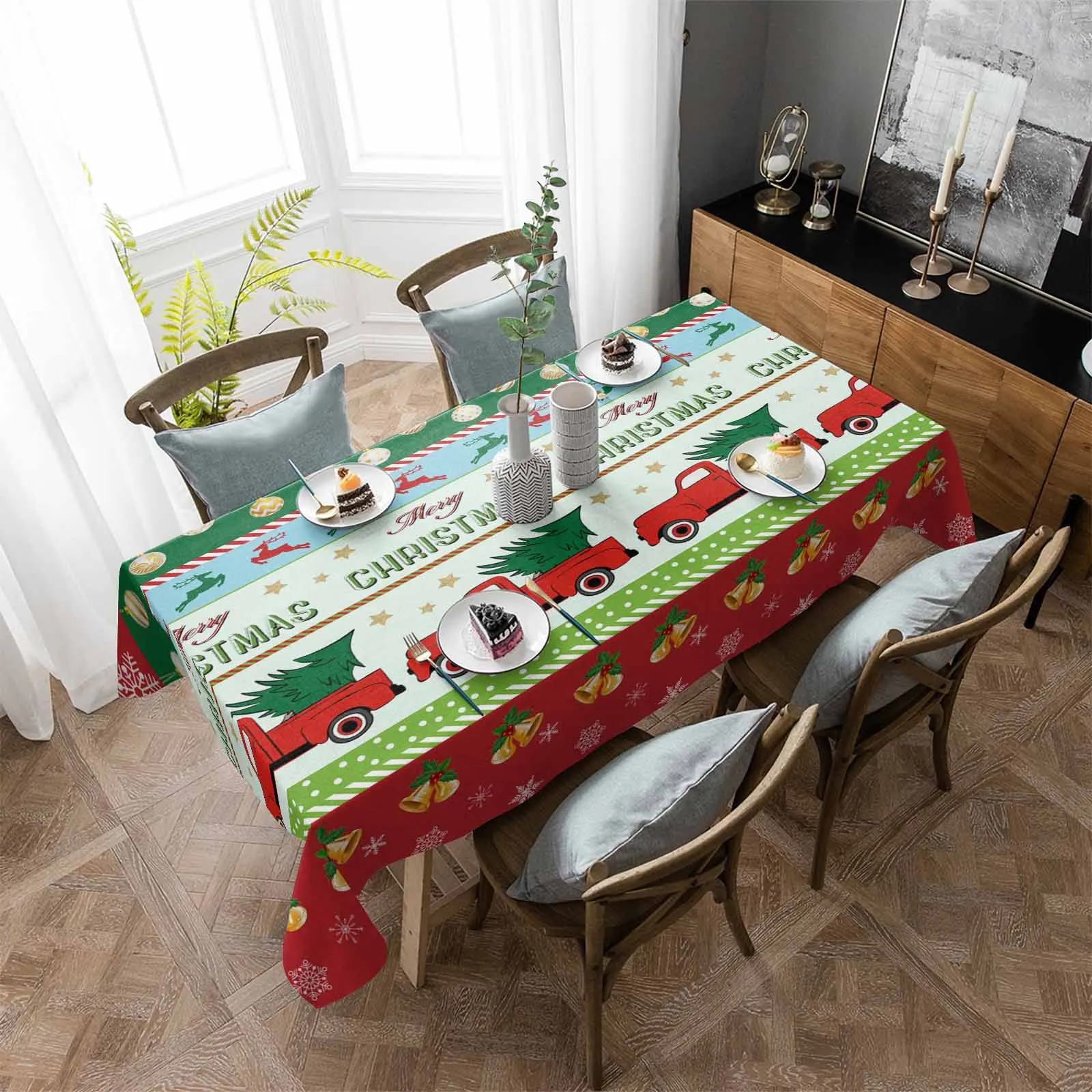 Car Christmas Deer Letter Snowflake Stripe Tablecloth Waterproof Dining Table Rectangular Round Table Cover Home Kitchen Decor