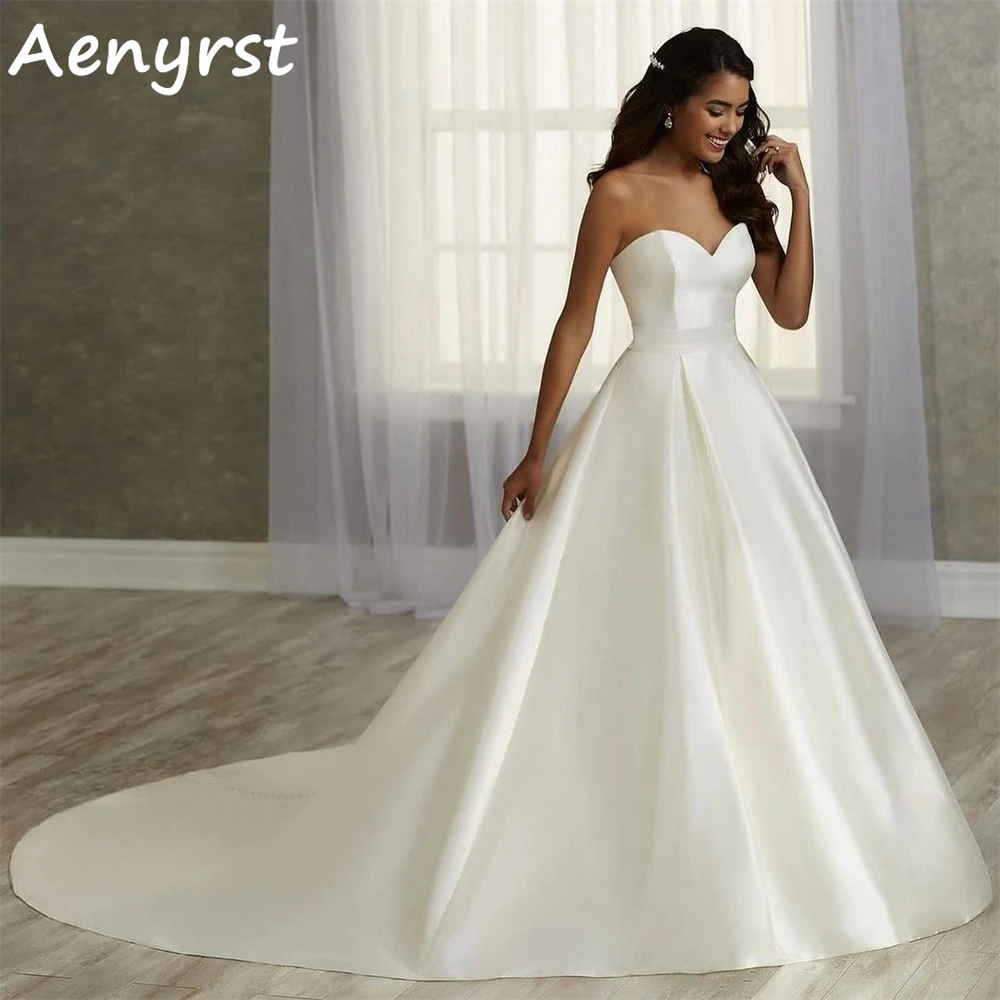 Aenyrst-A Linha de cetim Vestidos de casamento, querida simples, sem alças, Backless, Pavimento, Boho Vestidos nupciais, Robe elegante