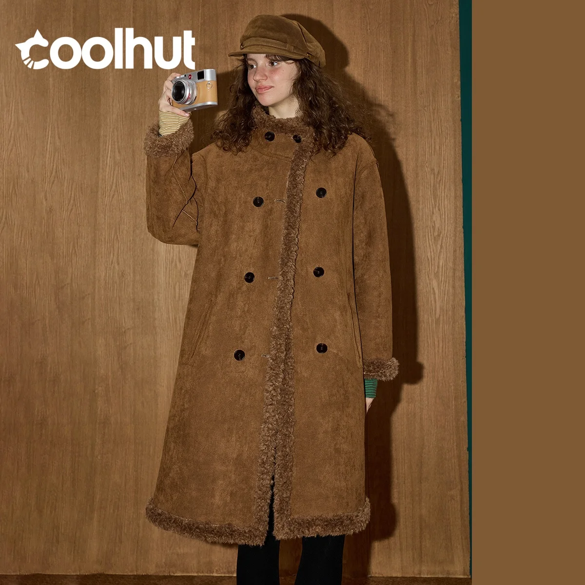 معطف COOLHUT Maillard ذو وجهين من الفرو الصناعي معطف شتوي كبير الحجم متوسط الطول معطف تبديل ثنائي الارتداء ملابس خارجية فاخرة ذات لون محايد