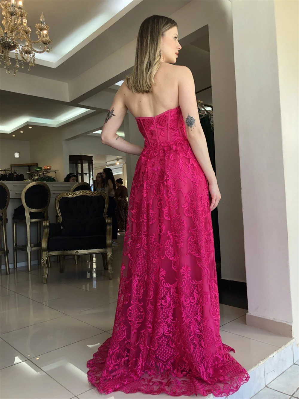 Sansa Sexy Strapless Prom Dress Luxury Lace Embroid A-line Vestidos De Noche Fuchsia Floor Lenght فساتين سهره فاخره  2023