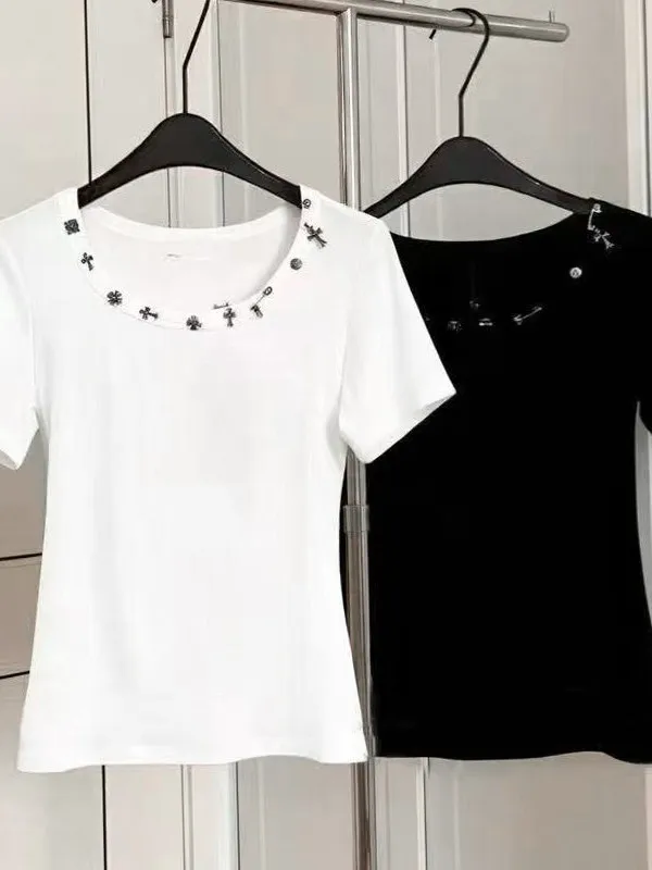 Korean Style Short Sleeve T-Shirt Women's round Neck Slimming Waist Design Rivet Detail Casual Fashion Top for Young Women