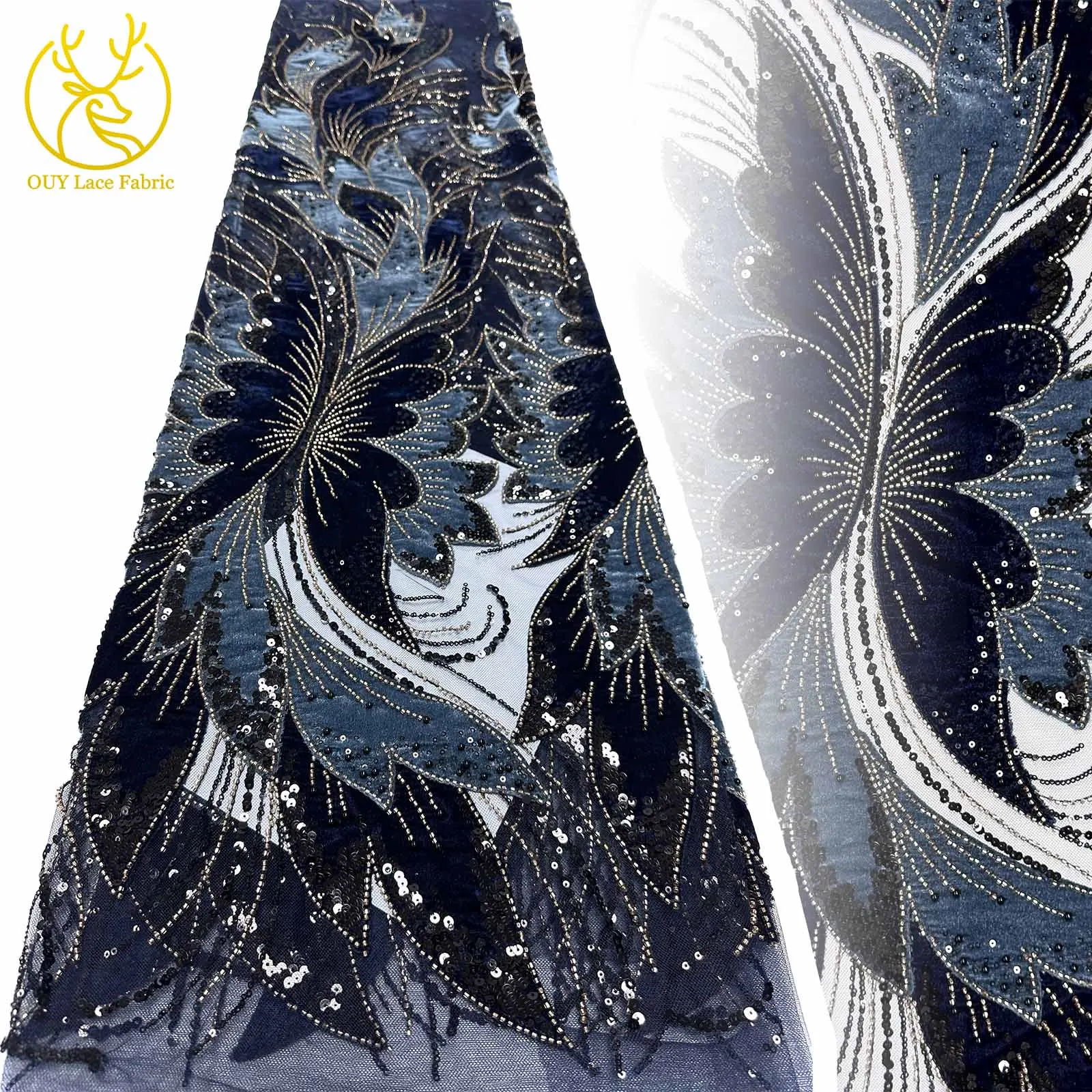 

Luxury African Beaded Velvet Lace Fabric 2025 French Sequin Tulle Lace Fabric Suitable for Wedding Party Dress Material 5 Yards
