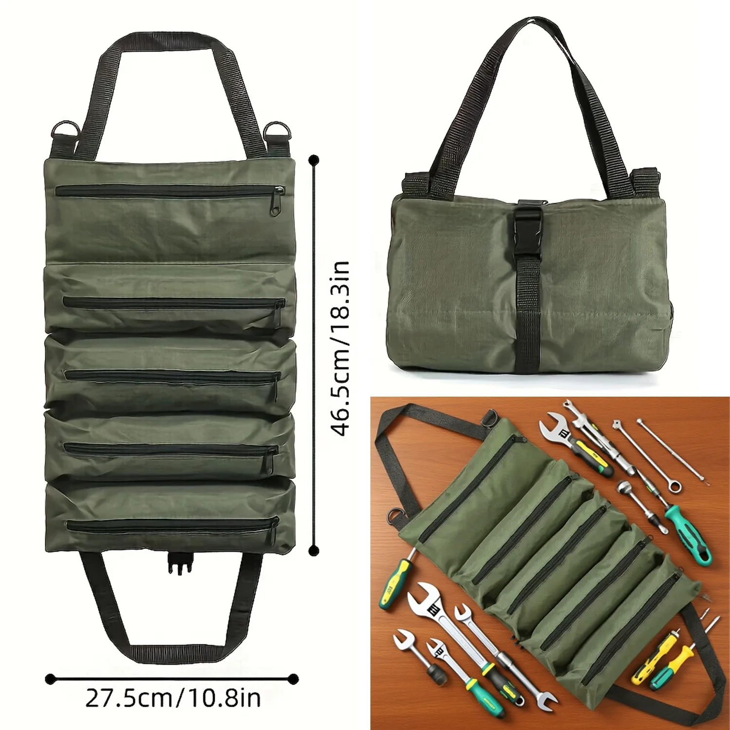 1pc Portable Green Oxford Fabric Roll up Tool Bag Multi Tool Organizer Mechanics Electricians Carpenters Garage Storage Solution