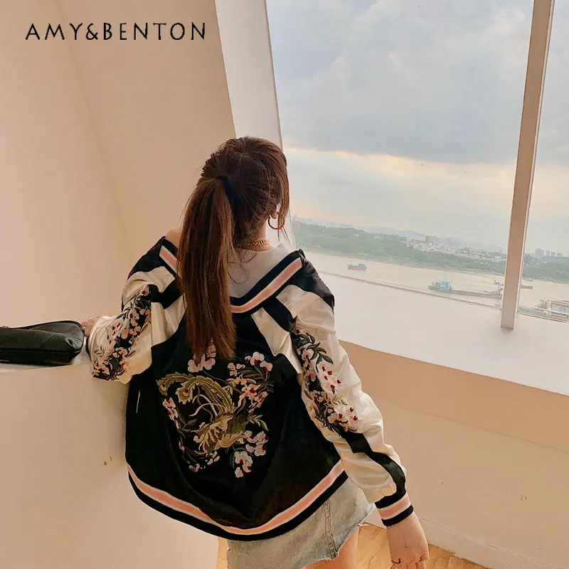 

Black Flower Embroidered Baseball Uniform Jacket for Women Spring and Autumn New Fashionable Loose Thin Coat on Both Sides