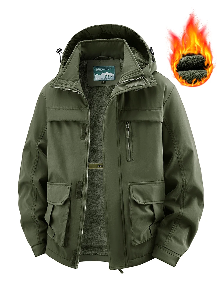 

A jacket with a detachable hood and multiple pockets, providing warmth