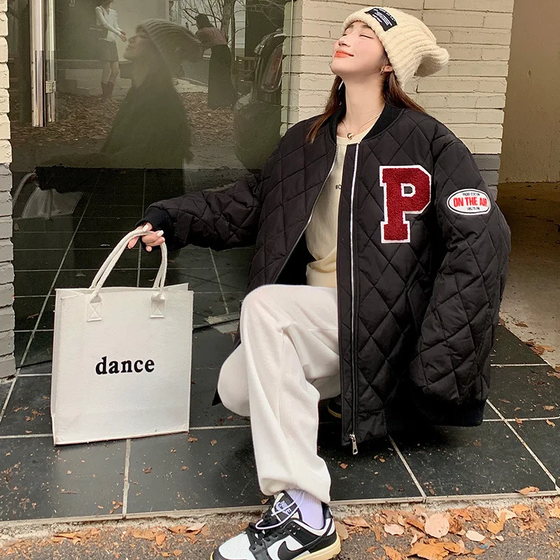 Women's American Retro Quilted Pattern Baseball Cotton Coat Winter Korean Loose Fit Preppy Style Letters Embroidery Parkas