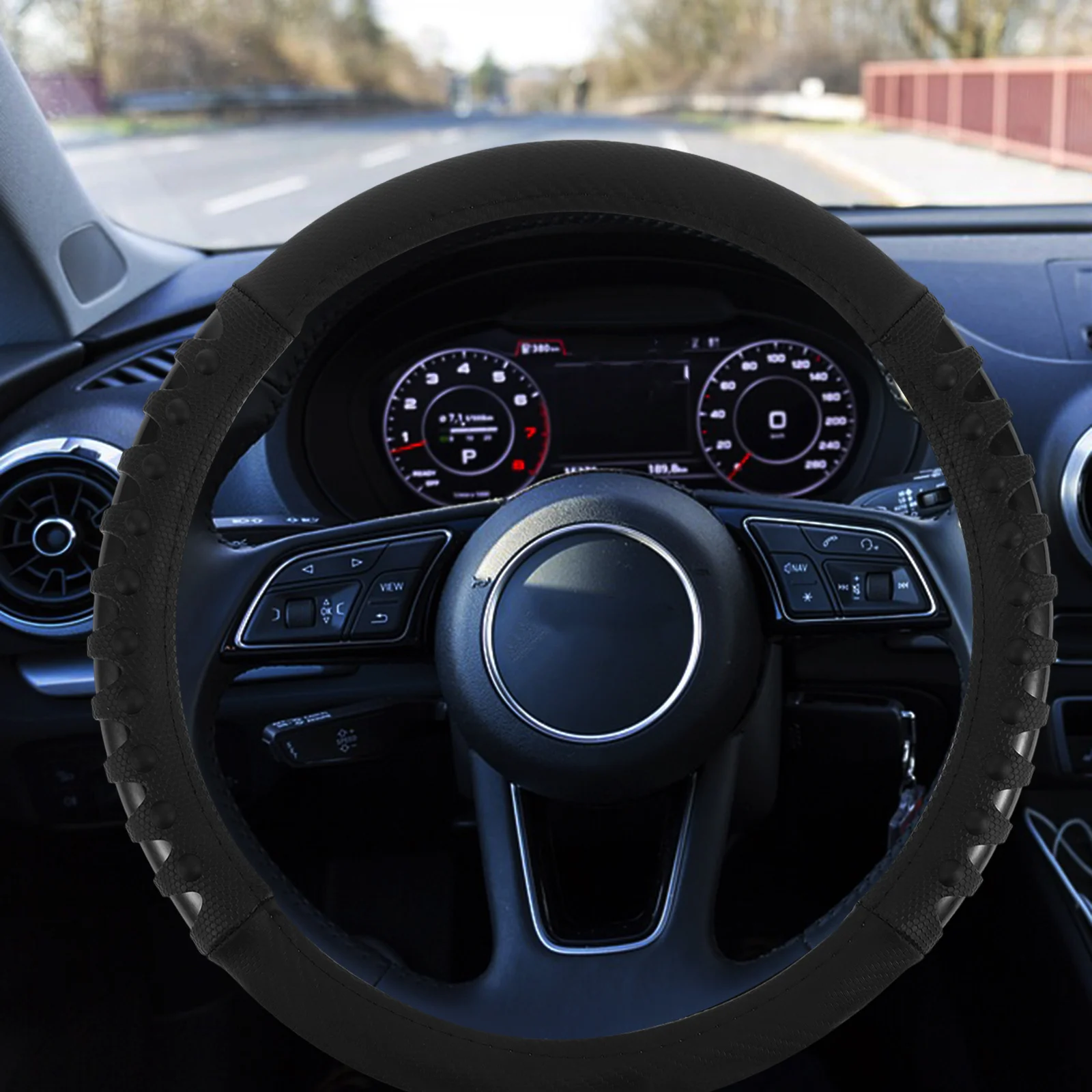 

Carbon Fiber Texture Fake Steering Wheel Cover Massage Grip Non Slip Universal Black Car Truck Suv Rv Steering Wheel
