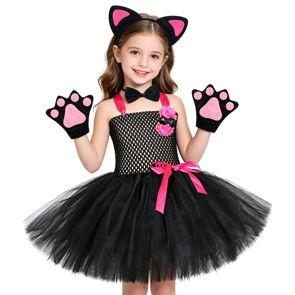 Black Cat Costume for Girls Halloween Dress Up Clothes Toddler Kids Cute Animal Kitten Tutu Dress with Ears Bowtie Tail Outfits