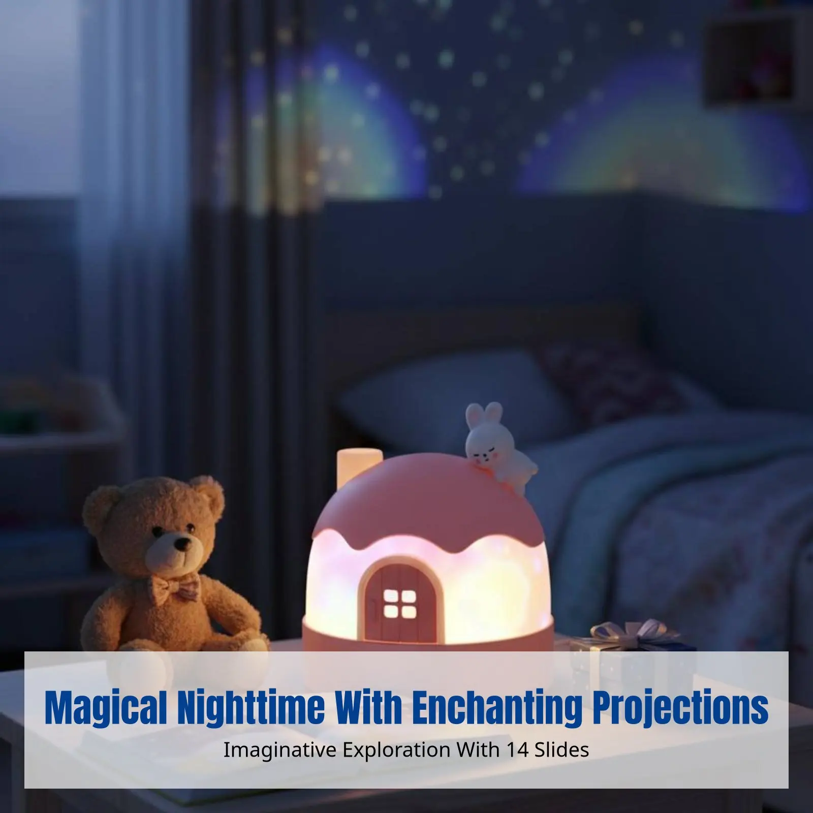 Cartoon Bunny Star Projector, Night Light Music Box for Kids, Rotating Galaxy Lamp, Girls Bedroom Ceiling, Timer view 2