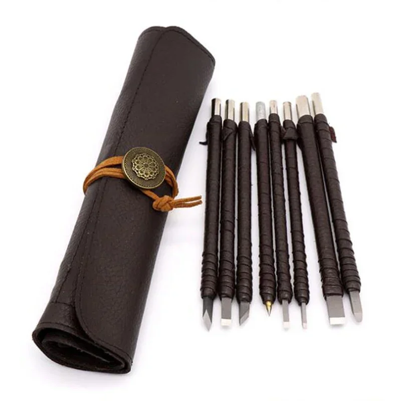 8pcs Tungsten Steel Carving Knife Set Seal Stone Graver Lettering Engraving Tool with Leather Handle+ Leather Bag