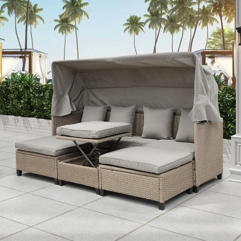 

4-piece outdoor patio furniture set with retractable awning, cushions and height-adjustable table segmented upholstered sofa set