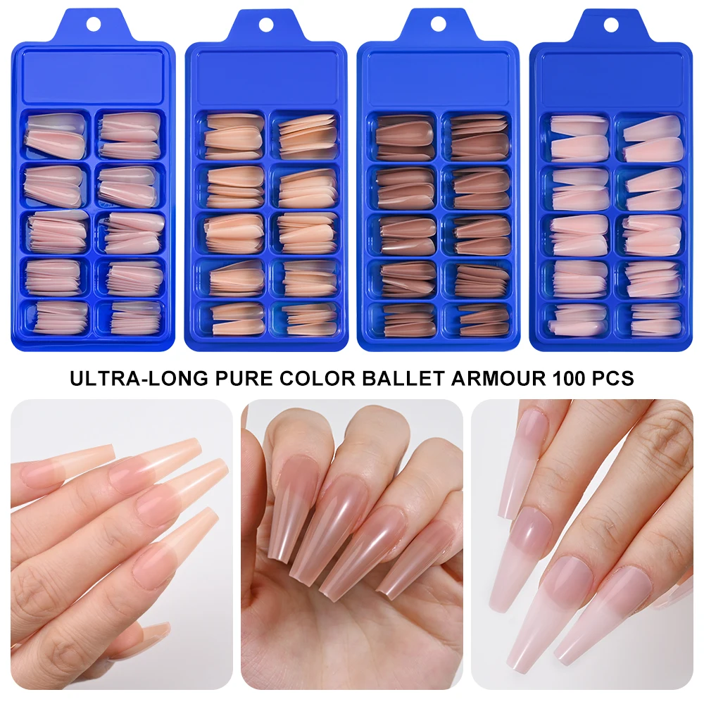 100pcs Nude Pink False Nail Press On Nails Acrylic Extension Coffin Forms Nail Tips Artificial Long Full Cover Fingernails Tools