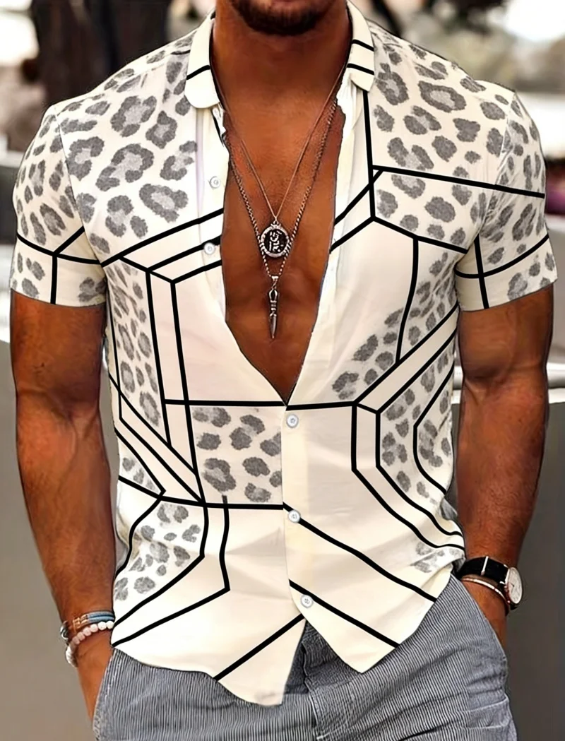 Men's Bold Premium Fierce Bold Wildlife Print Short Sleeve Shirt Casual Fashion For Nightclub And Street Outfits