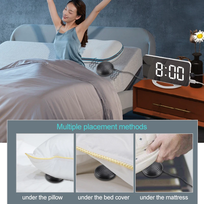 Loud Vibrating Alarm Clock Digital Table Clock for Heavy Sleepers Deaf Snooze USB LED Mirror Alarm Clock Adjustable Brightness