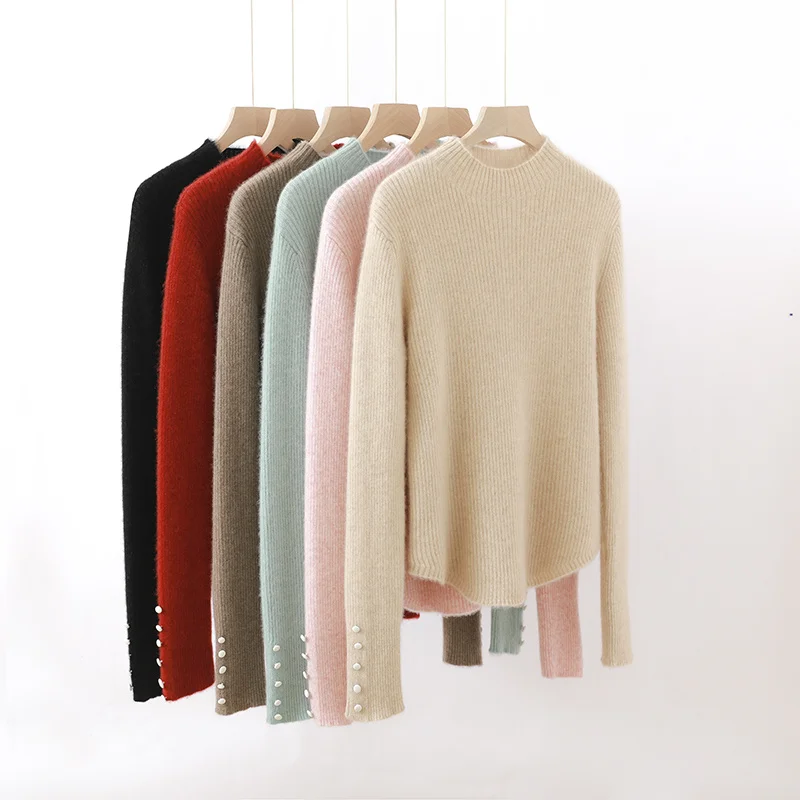 2024 autumn winter women knitted 100% Wool pullovers Mock neck sweater basic top casual long sleeve Half high neck pullover warm