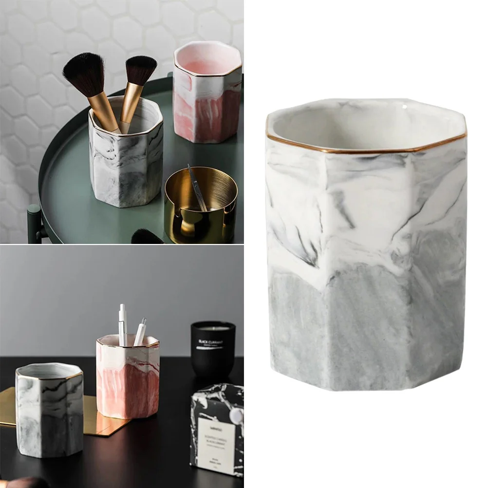 1 tazza di stoccaggio in ceramica di marmo elegante grigia con bordo dorato per cosmetici e spazzole per protezione dei capelli, tazza di stoccaggio in ceramica