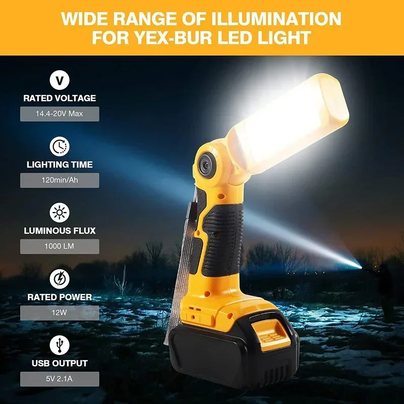 Imagem -05 - Lâmpada Led para Dewalt Luz de Trabalho Lanterna com Usb Bateria de Iões de Lítio Projector Exterior Dcb201 Dcb200 18v20v 12w 14.4v18v