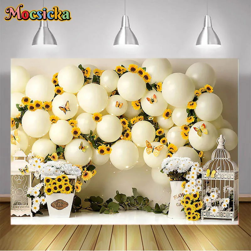 

Baby Shower Decoration Backgrounds Balloons Sunflowers Birdcages Daisies Backdrops for Photography Portraits Photos Studio