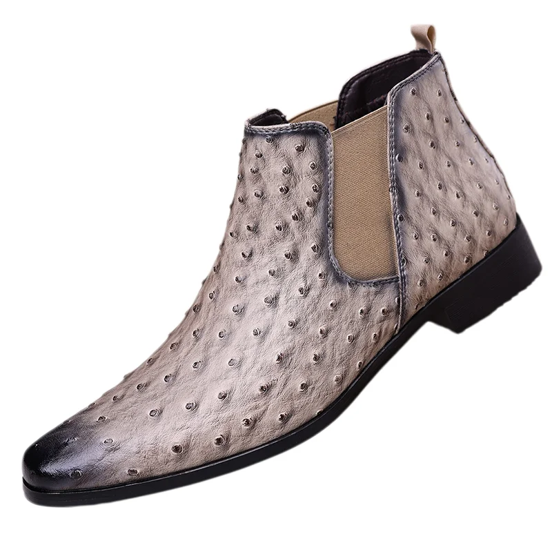 Luxury Designer New Men's Pointed Ostrich Pattern Pu Leather Casual Chelsea Ankle Boot Winter High Top Shoes Zapatos Hombre