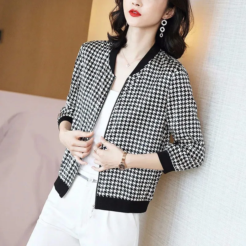 

Size M-5XL Women Chiffon Jacket Spring Summer Thin Coat Anti-sunburn Cardigan Tops Female Houndstooth Print Long Sleeve Clothes