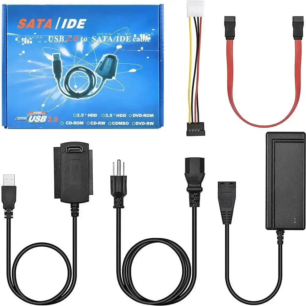 كابل محول SATA إلى USB 2 SATA IDE محول PATA IDE إلى USB لمحرك الأقراص الصلبة SSD 2.5 3.5 بوصة مع محول تيار متردد يدعم نظام التشغيل Windows MAC OS