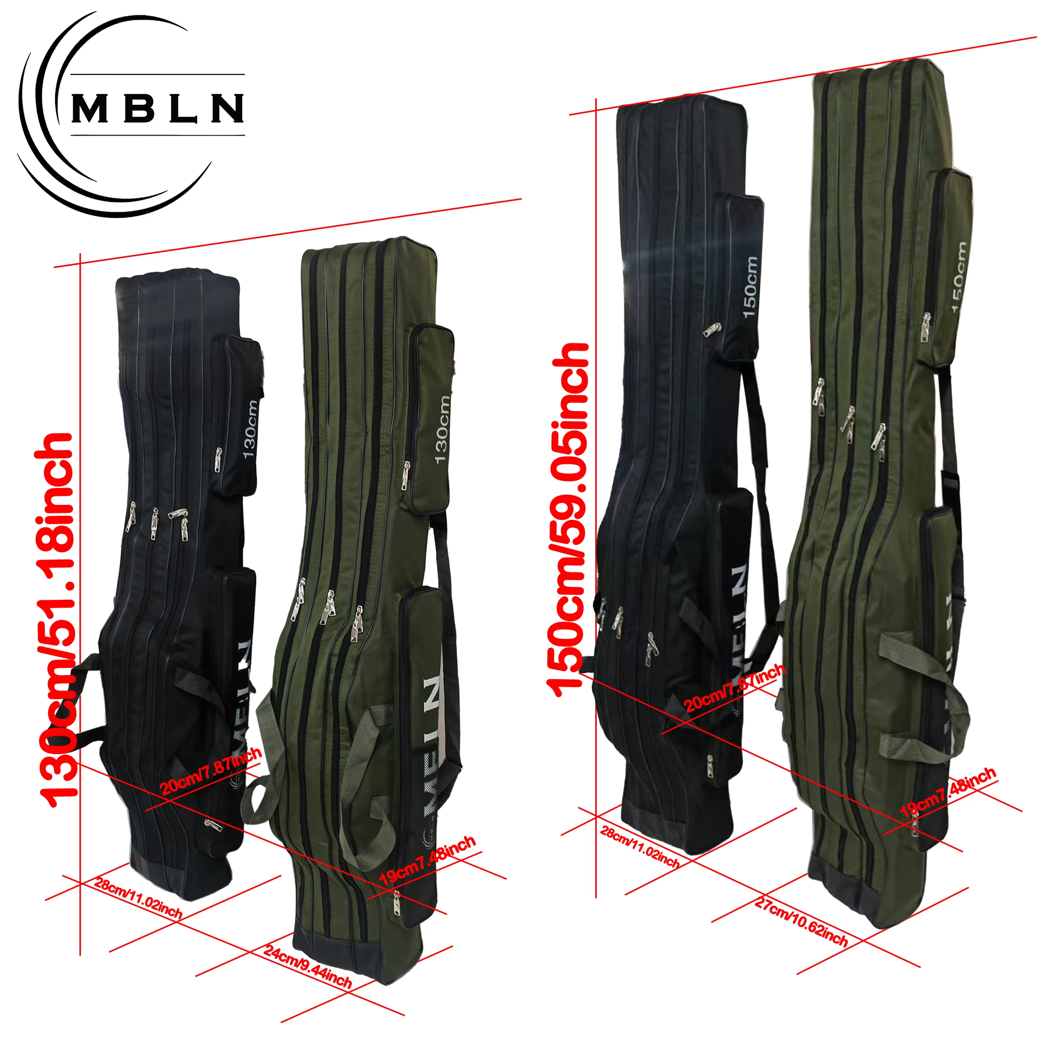MBLN 130cm 150cm Green or Black Foldable Soft Fishing Rod Bag Three Layer Metal Zippers Large Capacity with Side Pocket